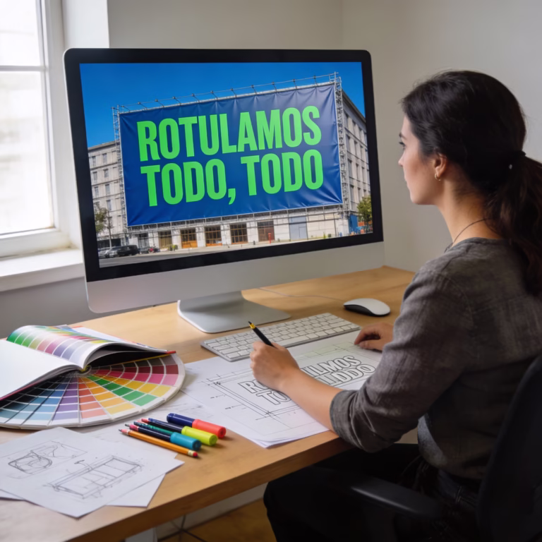 Diseñadora trabajando en el ordenador con un boceto de rotulación en pantalla